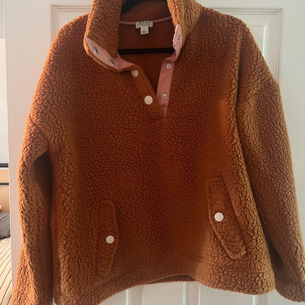 J. Crew Teddy Jacket in Rust Brown with Pink Trim